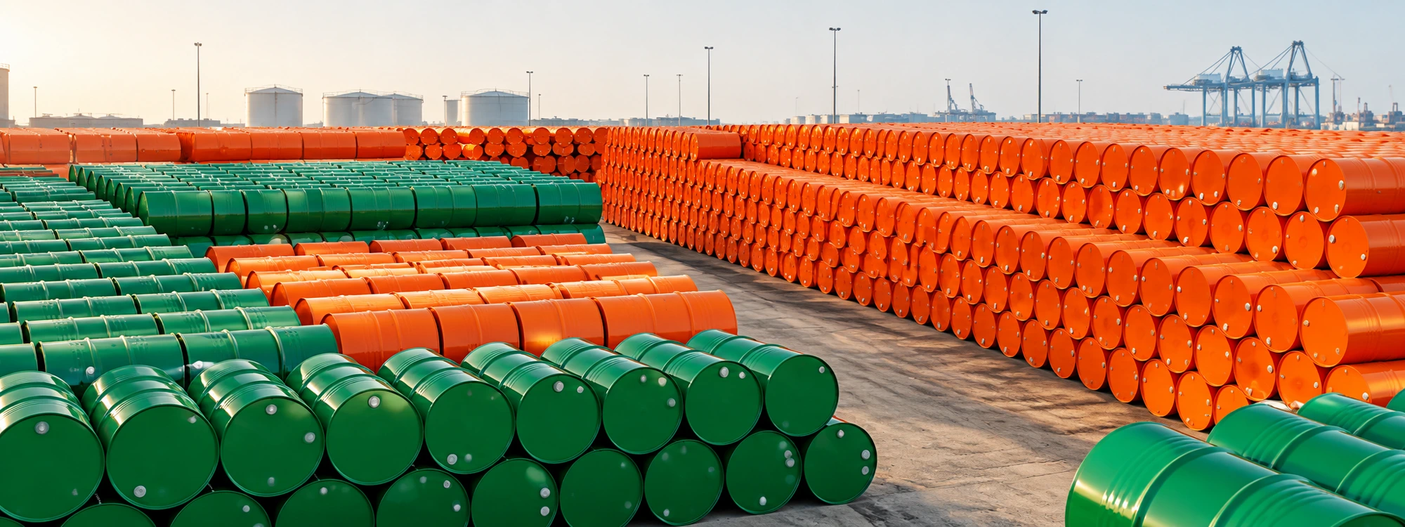 Drum yard of petroleum products at an Indian port warehouse — Gomti International